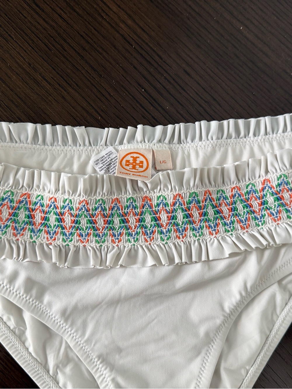 Tory Burch White Smocked Ruffle Bikini Bottom